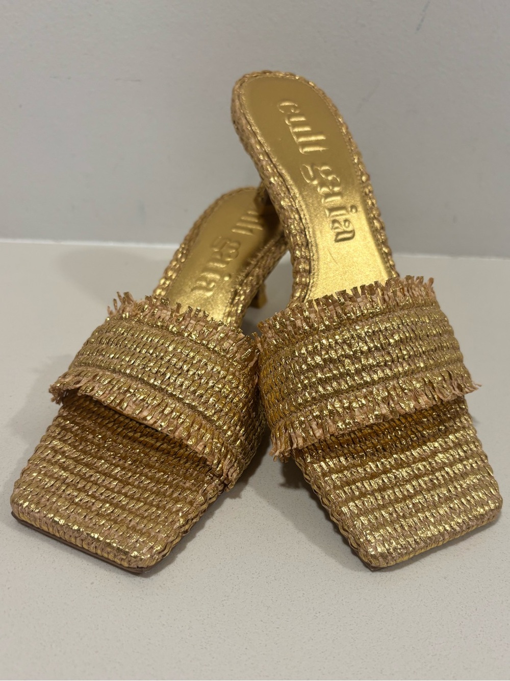 Cult Gaia Ada Gold Woven Kitten Heel Mules Sandals EU 40.5 US 10 Champagne Gold